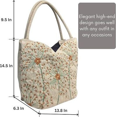 Embroidered Handbags for Women, Large Beads Flower Shoulder Tote Bag with Zipper Fabric Hobo Bags, Mother's Day Bag