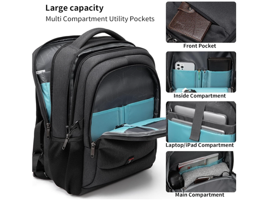 17 inch laptoprugzak voor op reis Waterbestendige universiteitsrugzak voor heren/dames laptoptas met USB-oplaadpoort, zwart