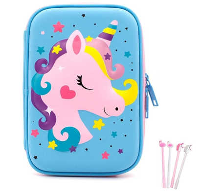 3D Cute EVA Unicorn Pen Pocket Stationery Box Anti-Shock Grote capaciteit Multi-compartiment voor school met 4 eenhoorn pennen;EVA shell kussens voorraden