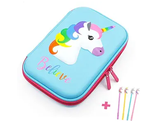 3D Cute EVA Unicorn Pen Pocket Stationery Box Anti-Shock Grote capaciteit Multi-compartiment voor school met 4 eenhoorn pennen;EVA shell kussens voorraden