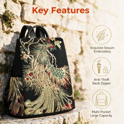Glitter Embroidery Women Backpack Purse, Fashion Canvas Travel Anti-theft Rucksack Shoulder Bag (Black)