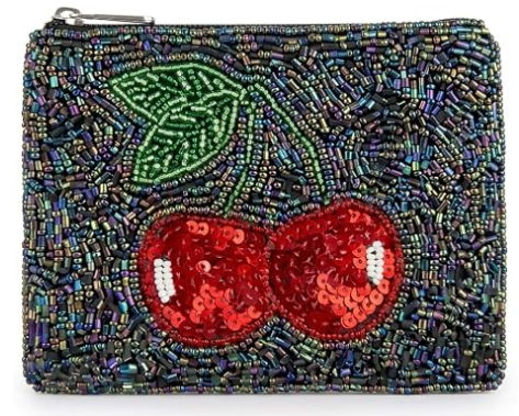 Portemonnee met kralen en muntvakje, ritssluiting, kersen | Handgemaakt met kralen, compacte organizer, geldhouder, kaarthouder, make-up tasje, cadeau-accessoire, voor dagelijks gebruik