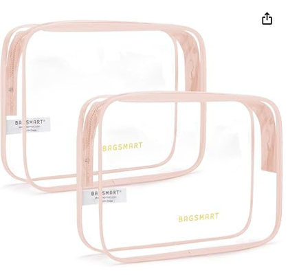 Doorzichtige toilettas met handvat 2-pakket TSA goedgekeurd, roze. Waterbestendige reis toilettas, transport reis accessoires tas, luchthaven vliegtuigen kwart maat tassen vrouwen mannen, make-up tas