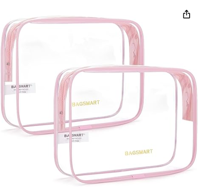 Doorzichtige toilettas met handvat 2-pakket TSA goedgekeurd, roze. Waterbestendige reis toilettas, transport reis accessoires tas, luchthaven vliegtuigen kwart maat tassen vrouwen mannen, make-up tas