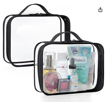 Doorzichtige toilettas met handvat 2-pakket TSA goedgekeurd, roze. Waterbestendige reis toilettas, transport reis accessoires tas, luchthaven vliegtuigen kwart maat tassen vrouwen mannen, make-up tas