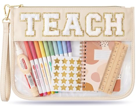 Cadeau Make-up Tas Leraar Waardering, Afstudeer Cadeau Tas voor Vrouwen | Leuke TEACH Chenille Letter Organizer Pouch. Perfect Cadeau Einde Schooljaar Docenten, Transparante Cosmetische Tas & Essentiële Leraar Tassen
