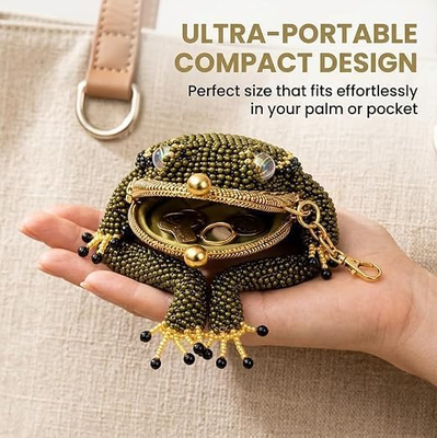 Handmade Frog Coin Purse,cute Frog Vintage Money Bag,Beaded Kiss Lock Keychain Pouch with Lucky Toad Design for coins Earbuds Rings,Funny Froggy wallet for Key,USB Driver,Lipstick,Birthday Gift