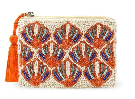 America & Beyond Seashell Pattern Perled Coin Pouch door Hand Perled Shell Purse door Zip Coin Purse door Coastal Mini Pouch